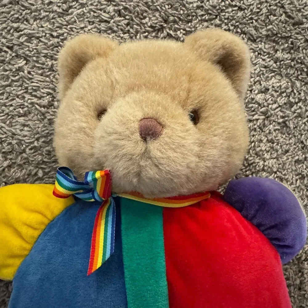 Vintage Eden Teddy Bear Plush Velour Primary Colors Rainbow Bow 13” Toy - RARE
